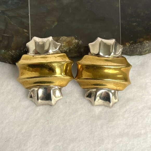 VTG Sterling Silver 925 Taxco Modernist Brass Accent Hollow Clip On Earrings - Picture 2 of 14